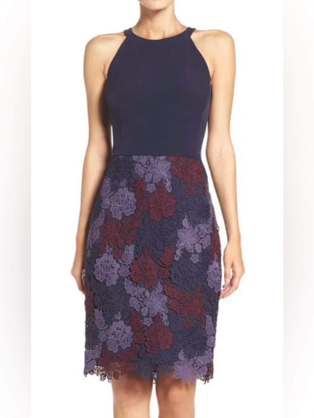 Lord & Taylor Navy Halter Dress with Plum and Burgundy Floral Lace Skirt